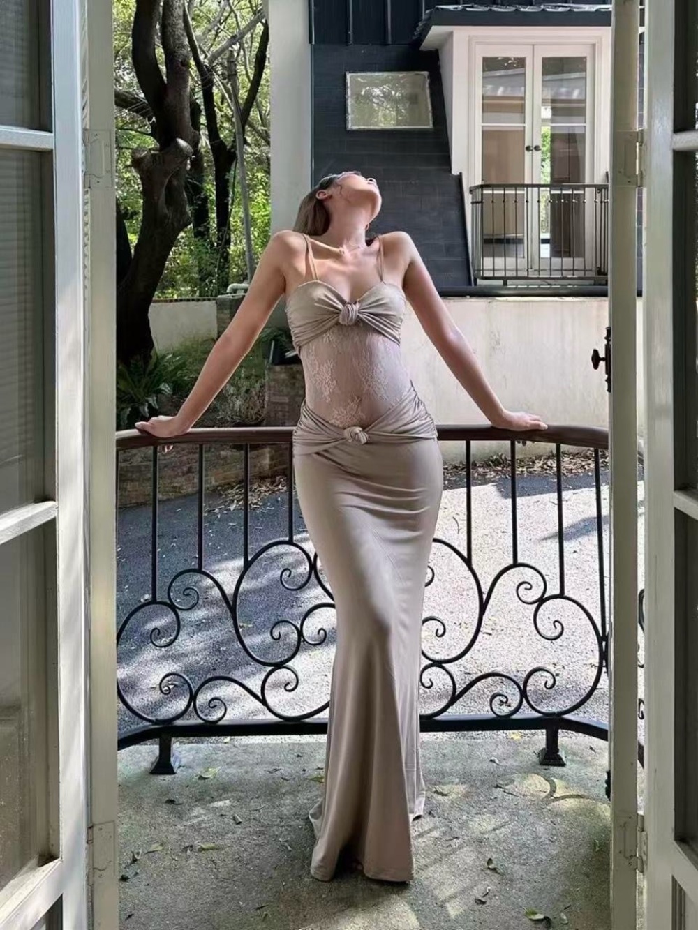 Designers Originals Taupe Maxi Dress with Lace Panel
